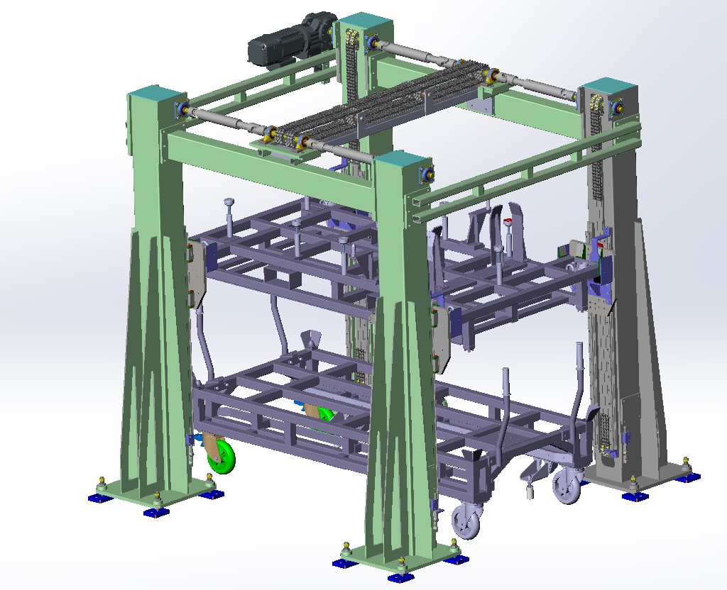 Render 3D di una struttura automatizzata per movimentazione telai, con montanti verdi e sistema di sollevamento a catena.
