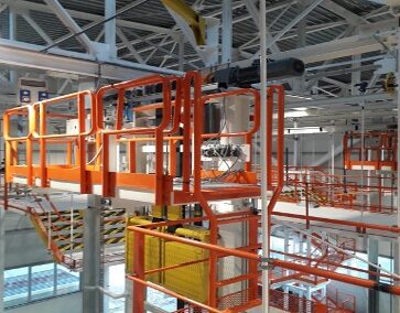 Sistema automotore per asservimento sedili alla linea final montaggio vettura con baia di carico/scarico contenitori da trail esterno in automatico progettazione, costruzione, installazione fino al funzionamento in automatico