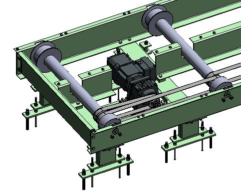 Progettazione 3D di un modulo a rulli motorizzati con trasmissione meccanica, usato nei sistemi di trasporto automatizzati per carichi pesanti.