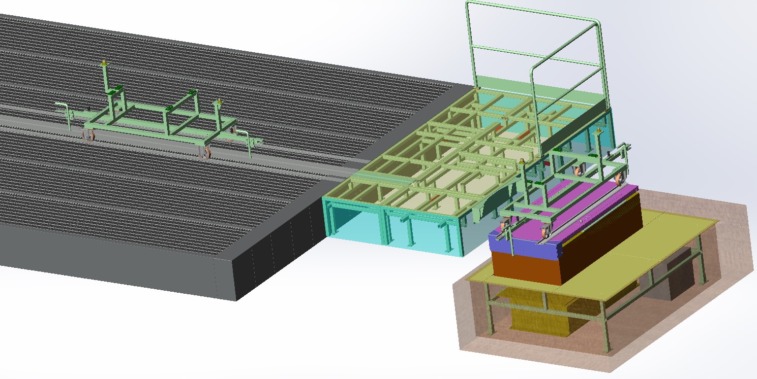 Vista dall’alto di un impianto con carrello verde su rotaie e piattaforma con struttura metallica.