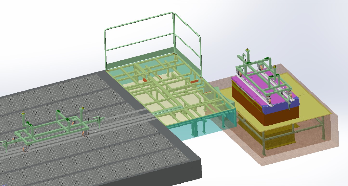 Render tecnico di un sistema di movimentazione con struttura metallica e carrello verde su binari.