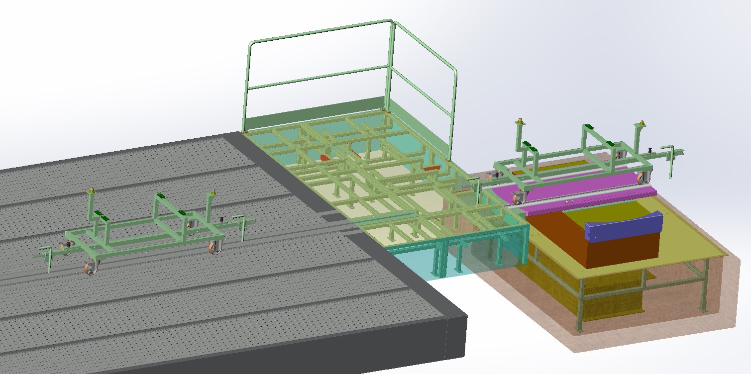 Modello 3D di una piattaforma industriale con sistema di sollevamento e carrello verde.