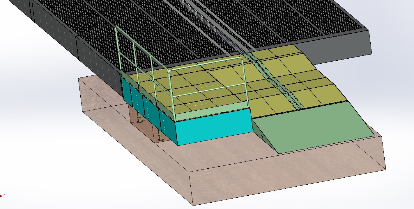 Rendering CAD di una rampa industriale con piattaforma modulare, guide integrate e struttura di protezione laterale.